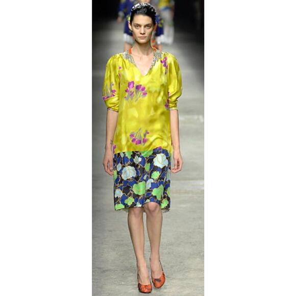 Dries Van Noten Dresses & Skirts - Dries Van Noten Sequin Yellow Floral Silk Delville Midi Dress Runway Size 38
